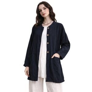 GERTIES Navy Ink Linen Jacket Minimalist Made USA Artsy Layer Lagenlook OS